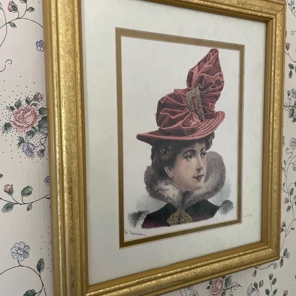 G Gonik 12x14 Victorian Lady Portrait in Gold Frame -  Maroon Hat Accent